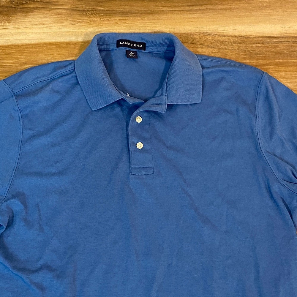 Lands End Mens Blue Long Sleeve Polo Shirt Medium 38-40 Cotton Classic Fit